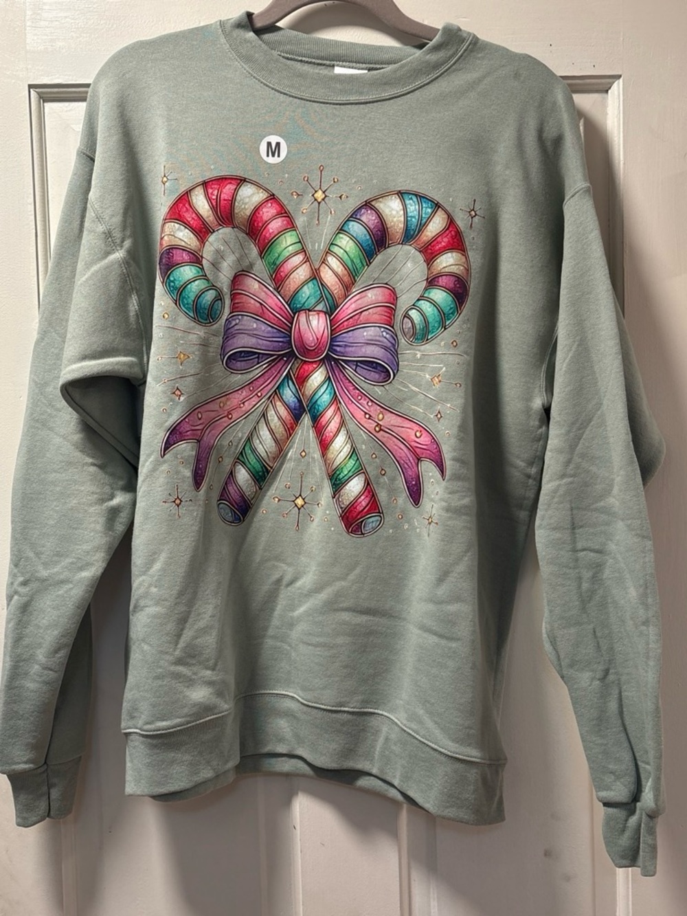 Hanes Mint Green Crewneck Sweatshirt with Multicolor Candy Cane Heart